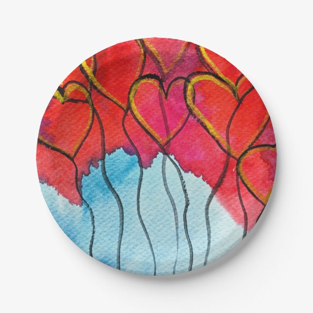 Red heart balloons Valentine watercolor Paper Plate (Front)