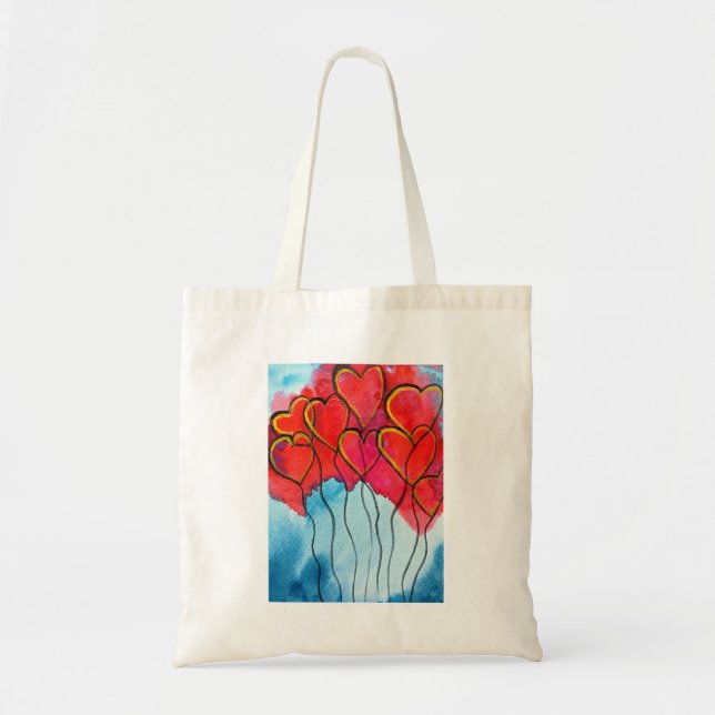 Red heart balloons Valentine watercolor Tote Bag (Front)