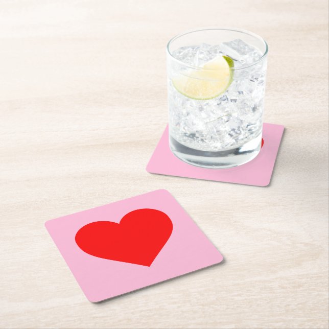 Red Heart Beat Pastel Pink Square Paper Coaster (Insitu)