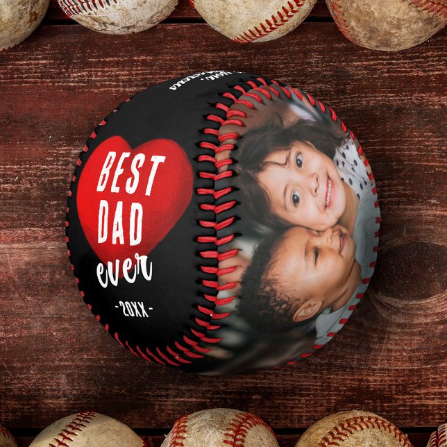 Red Heart Best Dad Ever 2 Photo Collage Baseball (Creator Uploaded)