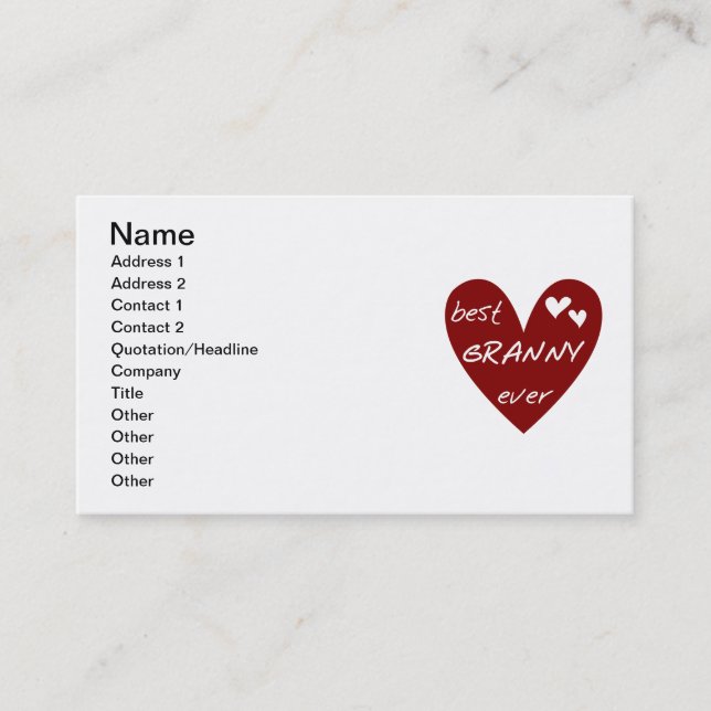 Red Heart Best Granny Ever Tshirts and Gifts Business Card (Front)