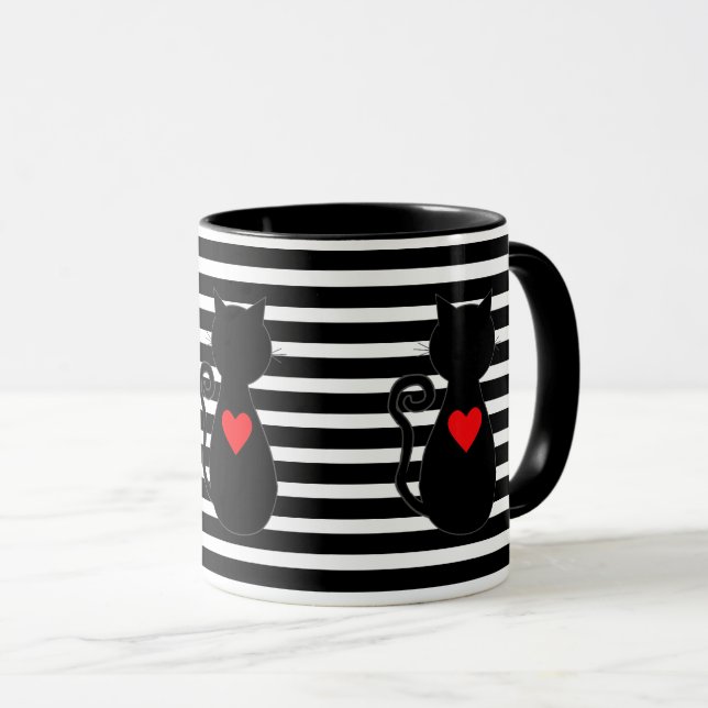 Red Heart & Black Cat on Black & White Striped Mug (Front Right)