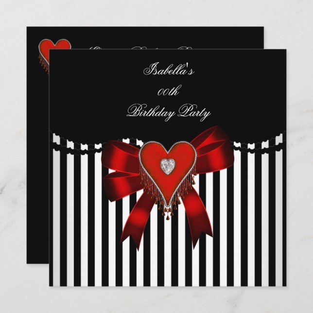 Red Heart Black White Stripe Bow Birthday Party Invitation (Front/Back)