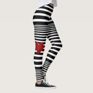 Red Heart Black White Stripes Leggings