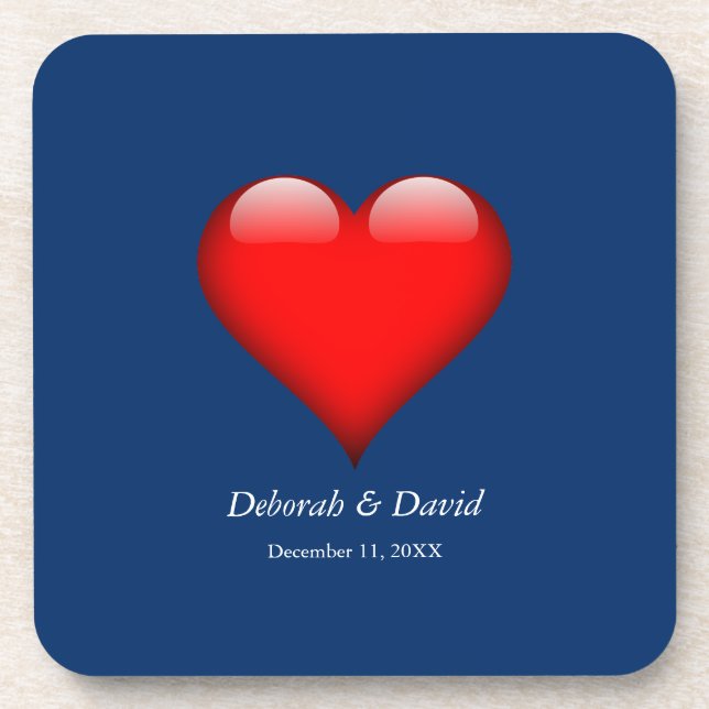Red Heart Blue Modern Minimalist Wedding Coaster (Front)