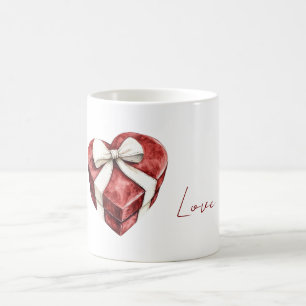 Red Heart Box White Ribbon Bow Coffee Mug