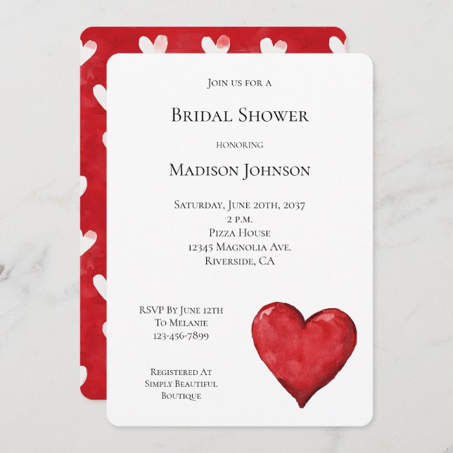 Red Heart Bridal Shower Invitation (Front/Back)