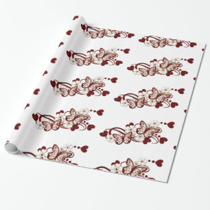 Red Heart Butterflies Pattern Wrapping Paper