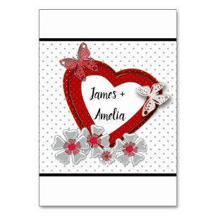 Red heart butterfly flowers Valentines Day love we Table Number