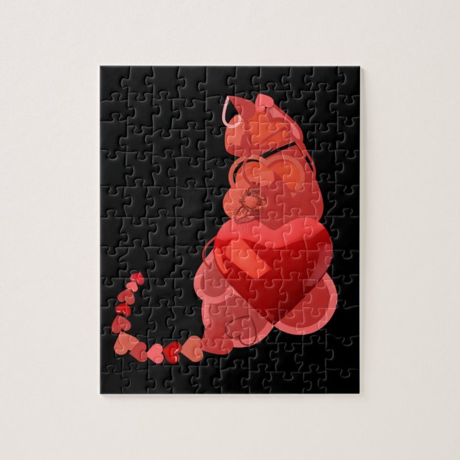 Red heart cats geometric black jigsaw puzzle (Vertical)