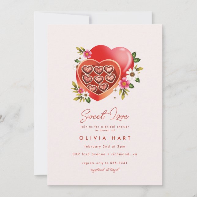 Red Heart Chocolate Valentine's Day Bridal Shower Invitation (Front)