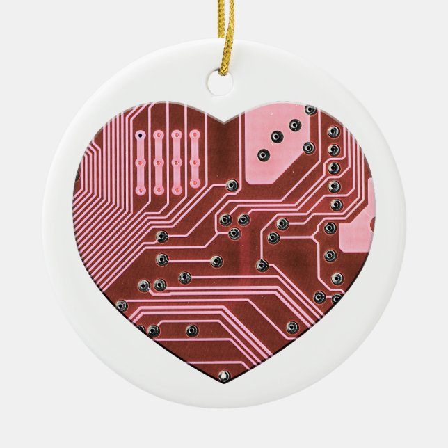 Red Heart Circuit Board Valentines Ceramic Ornament (Front)