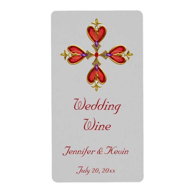 Red Heart Cross Wedding Mini Wine Label (Front)