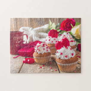 Red Heart Cupcakes Roses Coffee Valentine's Day Jigsaw Puzzle
