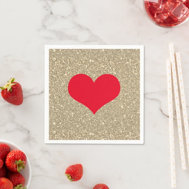 Red Heart Cute Valentine's Day Rustic Gold Glitter Napkin (Insitu)