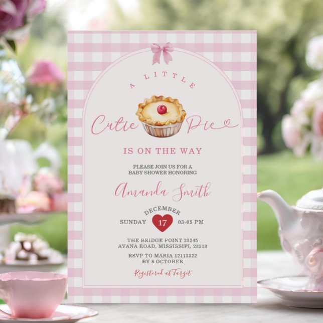 Red Heart Cutie Pie Pink Gingham Baby Shower Invitation (Creator Uploaded)