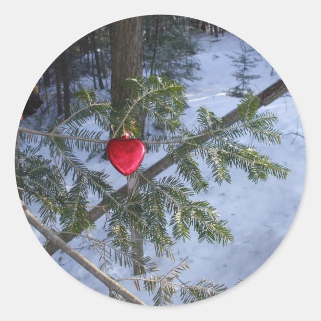 Red Heart Decoration  on Pine Branch Classic Round Sticker (Front)