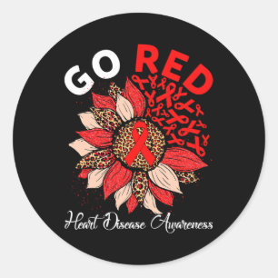 Red Heart Disease Awareness Red Ribbon Sunflower W Classic Round Sticker