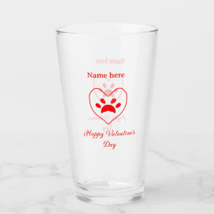 Red heart dog cat paw happy Valentine's day name Glass