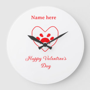 Red heart dog cat paw happy Valentine's day name Large Clock