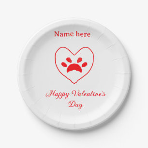 Red heart dog cat paw happy Valentine's day name  Paper Plate