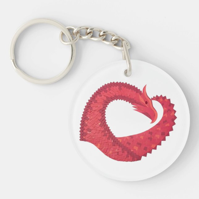 Red heart dragon on white key ring (Front)