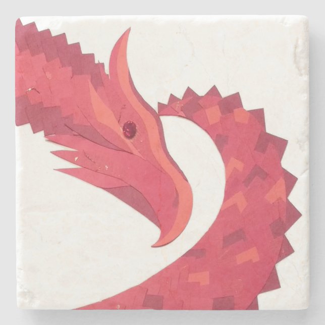 Red heart dragon on white stone coaster (Front)