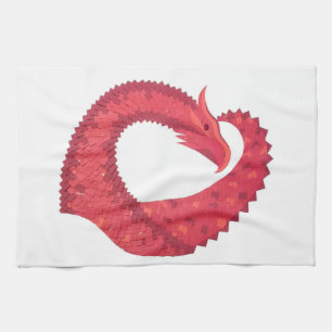 Red heart dragon on white tea towel