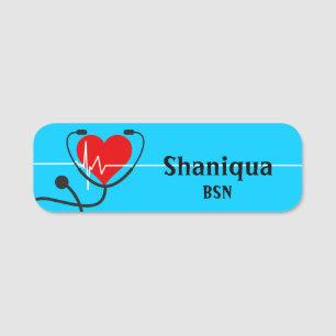 Red Heart EKG and Stethoscope Medical Blue  Name Tag