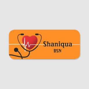 Red Heart EKG and Stethoscope Medical Tangerine Name Tag