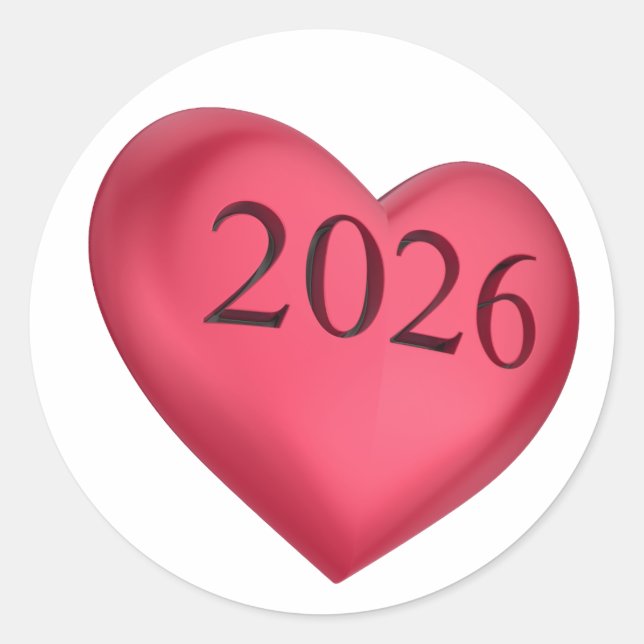 Red heart engraved with 2026 classic round sticker (Front)