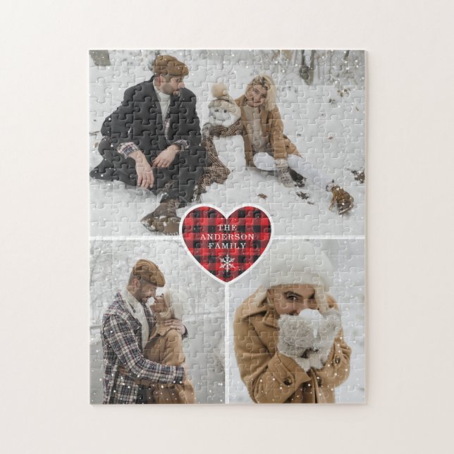 Red Heart Family Name Photo Collage Christmas Jigsaw Puzzle (Vertical)