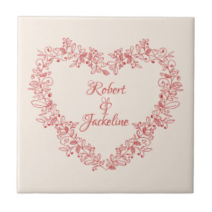 Red Heart Floral Elegant Vintage Valentines Day Ceramic Tile