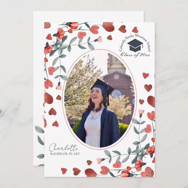 Red Heart Floral Photo Graduation Announcements (Front/Back)