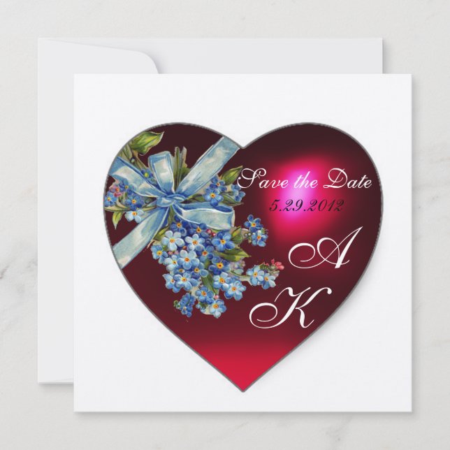 RED HEART & FORGET ME NOT MONOGRAM White Champagne Invitation (Front)