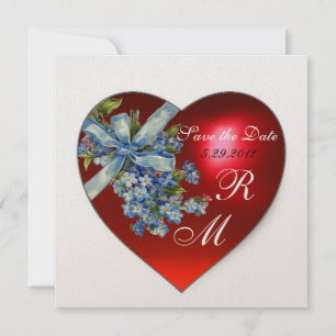 RED HEART & FORGET ME NOTS MONOGRAM blue gold Invitation