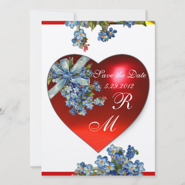 RED HEART & FORGET ME NOTS MONOGRAM Blue White Invitation (Front)