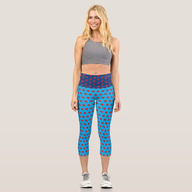 Red Heart Girly Fun Balloon Pattern Blue Chic Capri Leggings (Front)