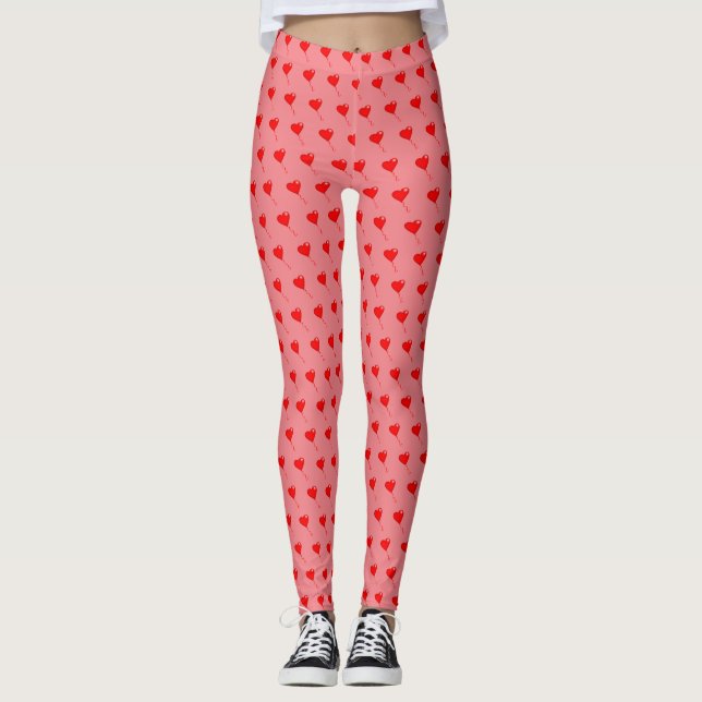 Red Heart Girly Fun Balloon Pattern Pink Chic Leggings (Front)