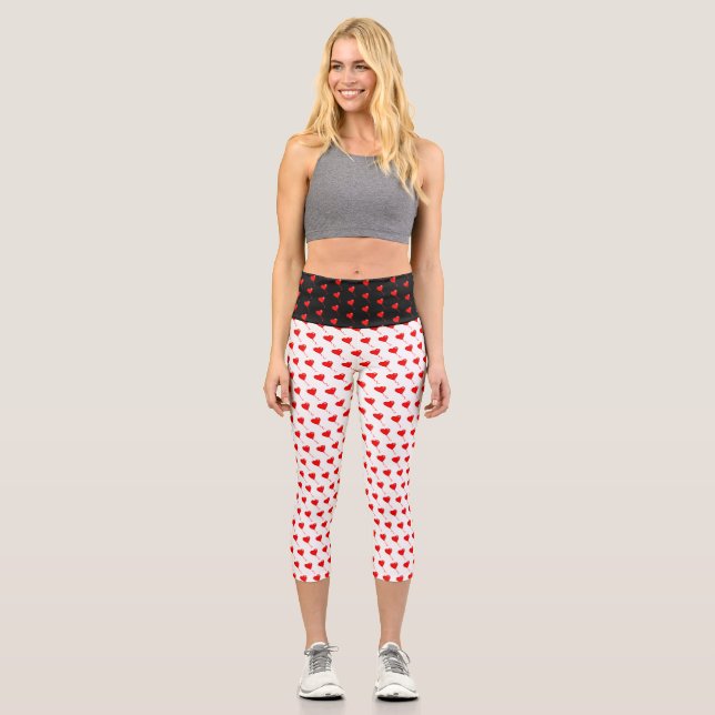 Red Heart Girly Fun Chic Balloon Pattern White Capri Leggings (Front)