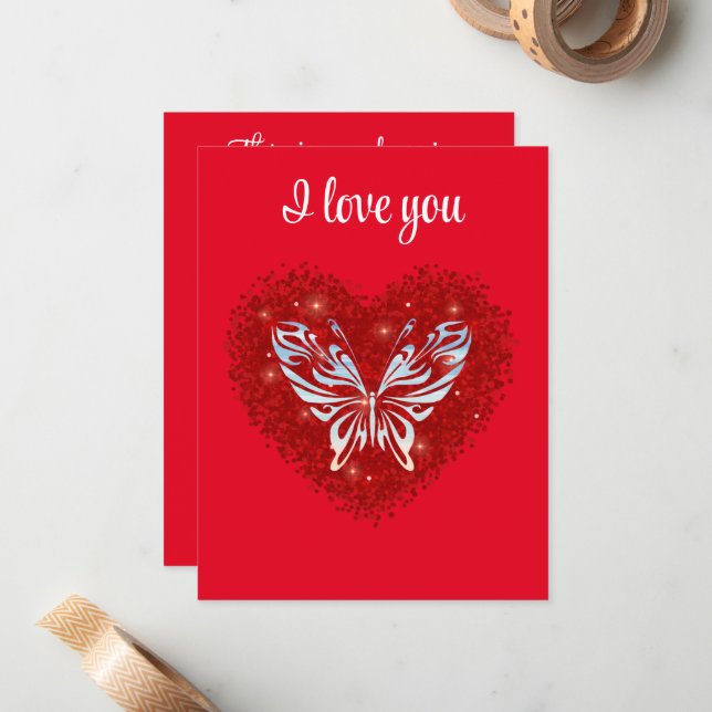 Red heart glitter butterfly card (Front/Back In Situ)