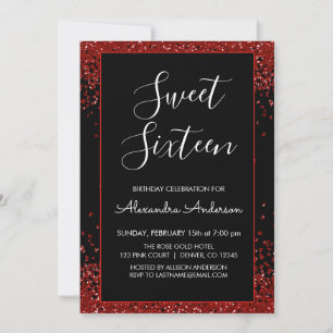Red Heart Glitter Sparkle Sweet Sixteen Birthday Invitation