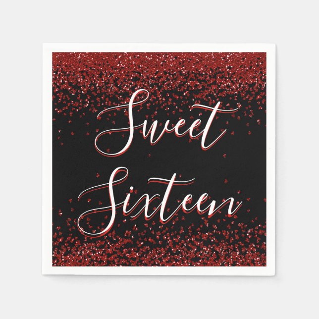 Red Heart Glitter Sparkle Sweet Sixteen Birthday Napkin (Front)
