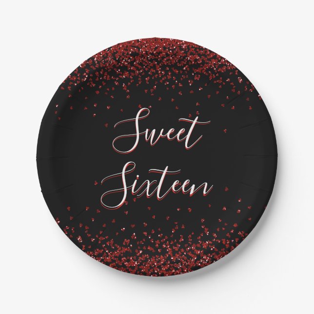 Red Heart Glitter Sparkle Sweet Sixteen Birthday Paper Plate (Front)