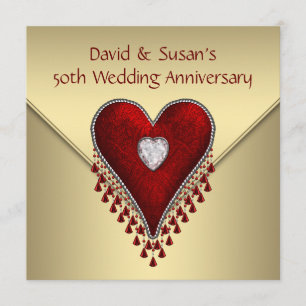 Red Heart Gold 50th Wedding Anniversary Party Invitation