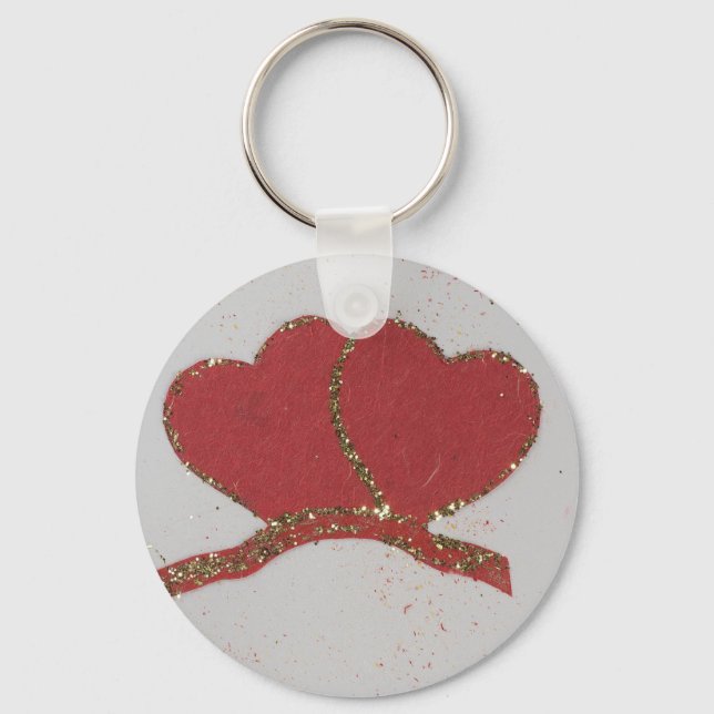 Red heart gold sparkle Valentine's Key Ring (Front)