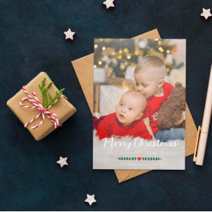 Red Heart Green Twigs Photo Merry Christmas Holiday Card