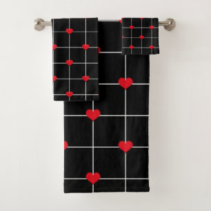 Red Heart Grid on Black & White Bath Towel Set