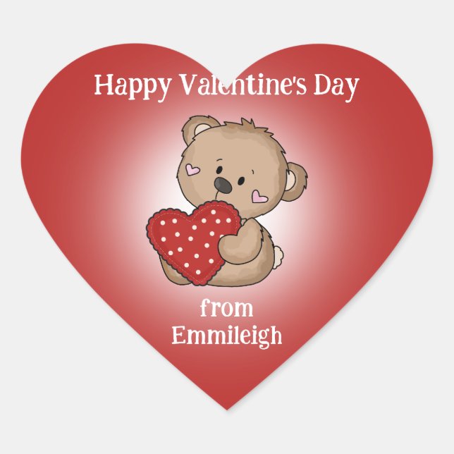 Red Heart Happy Valentine's Day Cute Bear Gift Bag Sticker (Front)