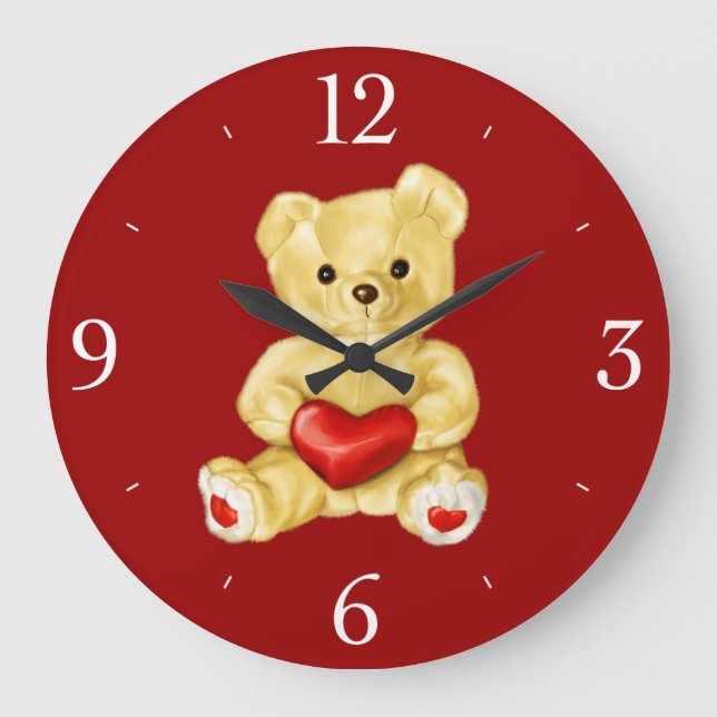 Red Heart Hypnotising Cute Teddy Bear Large Clock (Front)